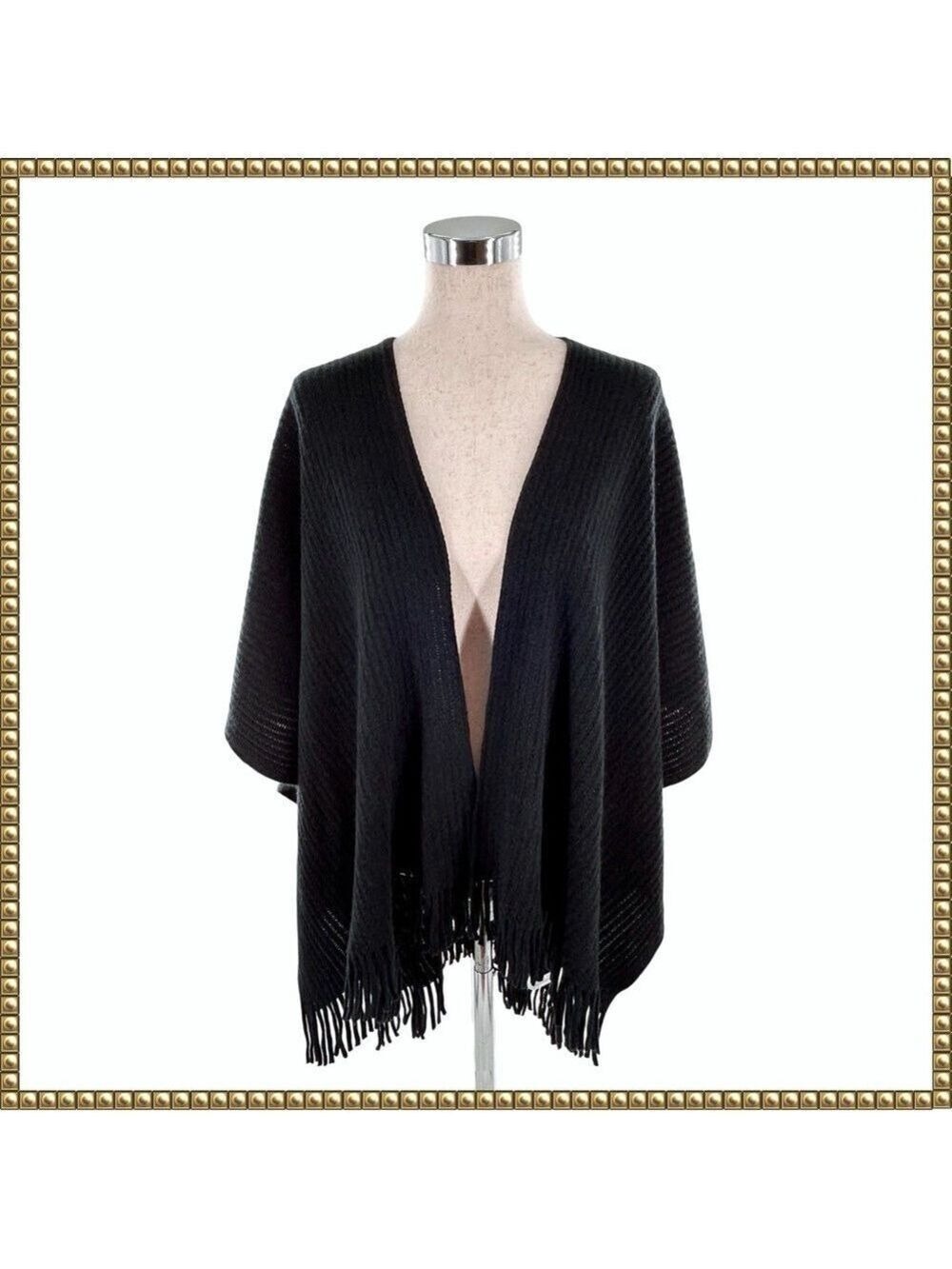 Loft Black Ribbed Fringe Shawl Shrug One Size NWT
